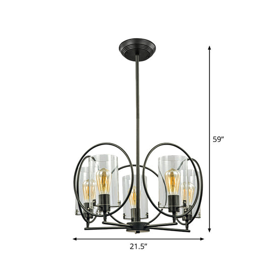 Farmhouse 5-Light Black Chandelier with Clear Glass Cylinder Shades and Hoop Design