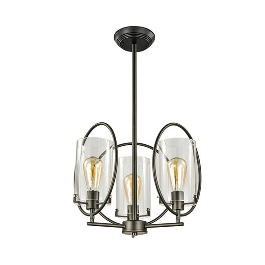 Industrial Black Chandelier with Clear Glass Cylindrical Shades - 3 Bulb Hanging Pendant Light