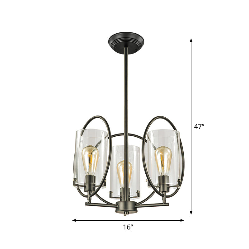 Industrial Black Chandelier with Clear Glass Cylindrical Shades - 3 Bulb Hanging Pendant Light