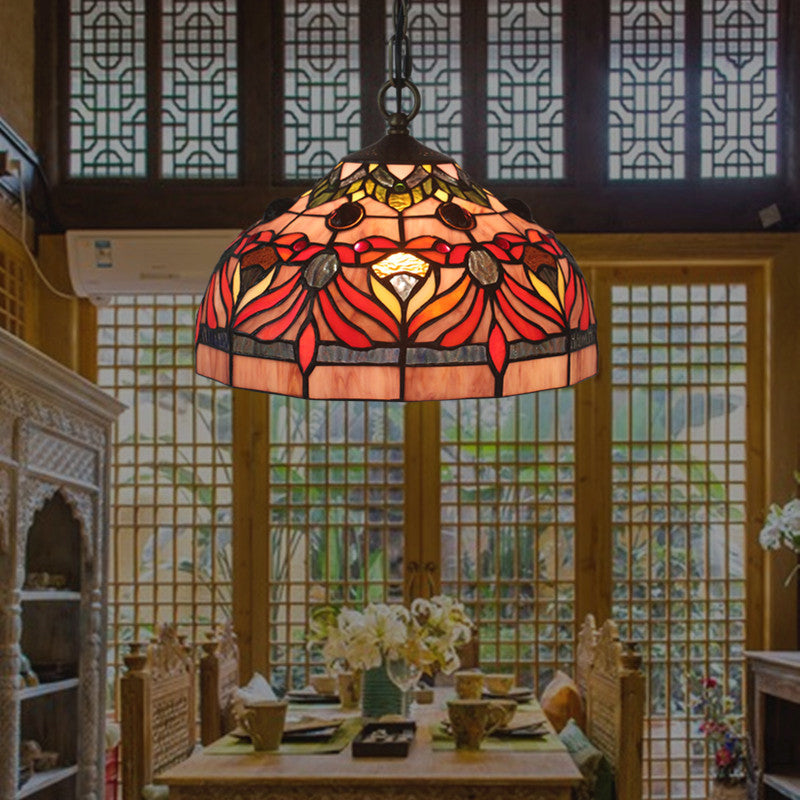 Red Stained Glass Hanging Light Fixture - Tiffany Bowl Shade Pendant For Dining Room