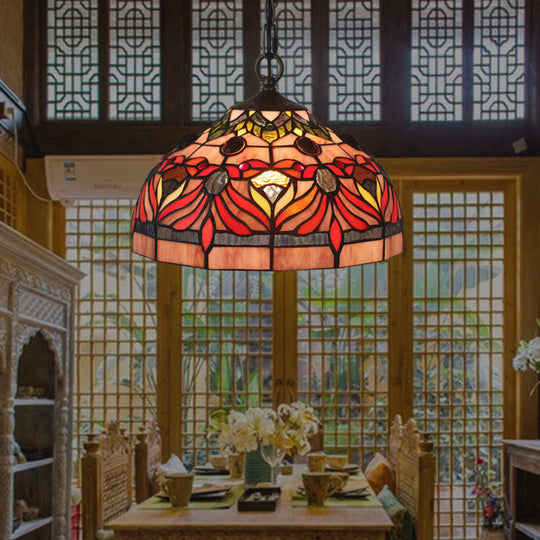 Red Stained Glass Hanging Light Fixture - Tiffany Bowl Shade Pendant For Dining Room