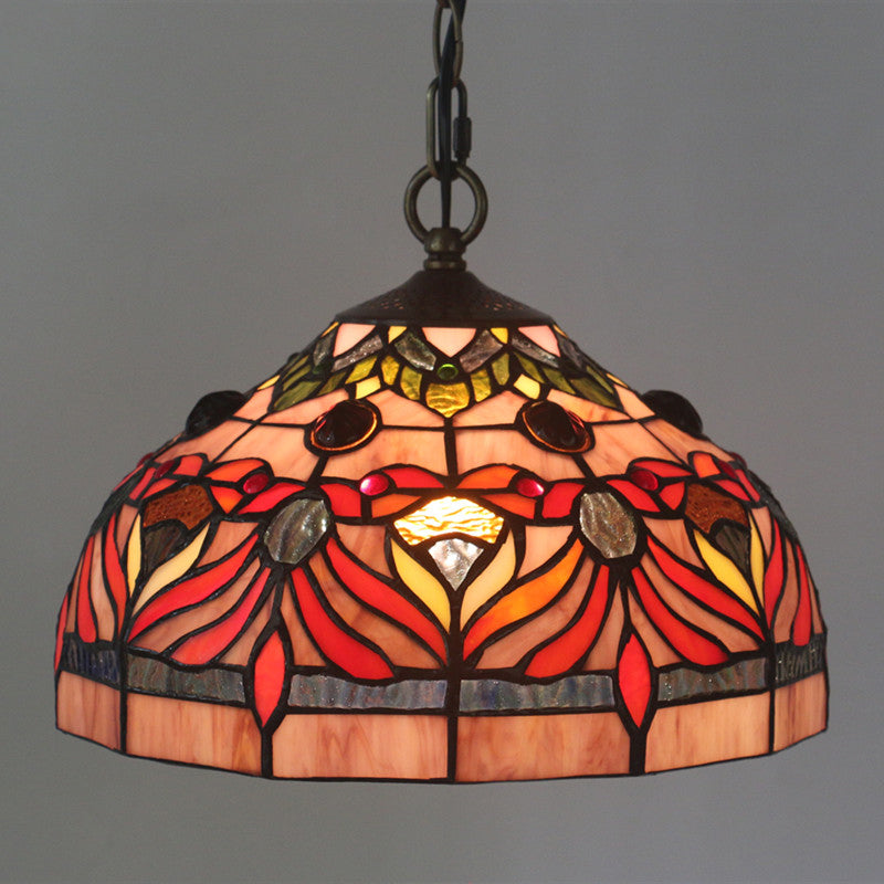 Red Stained Glass Hanging Light Fixture - Tiffany Bowl Shade Pendant For Dining Room