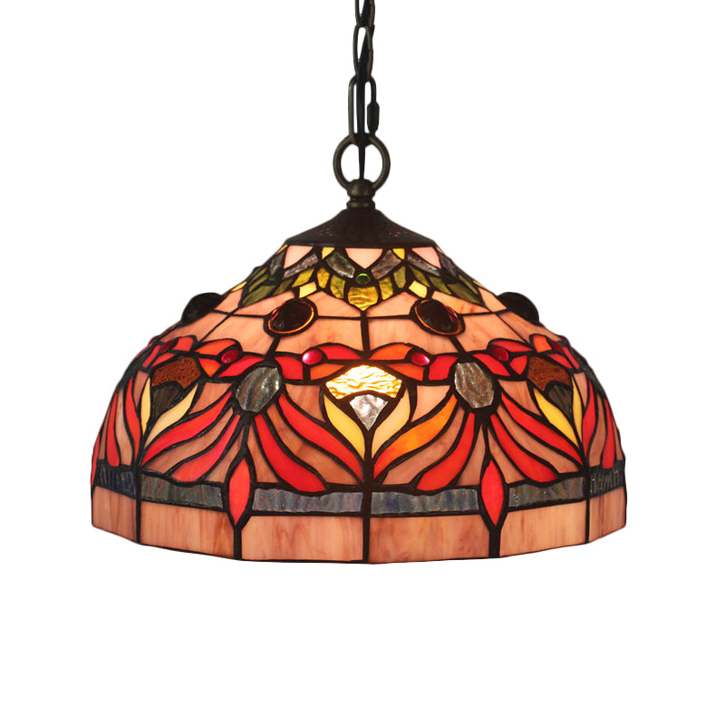 Tiffany Stained Glass Bowl Shade Hanging Light with Red Finish for Dining Room