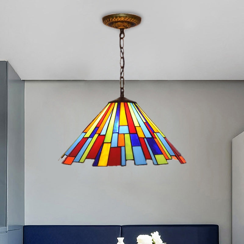 Stunning Mission Cone Pendulum Light - 8/13 Wide Brass Suspension Lamp With Stained Glass &