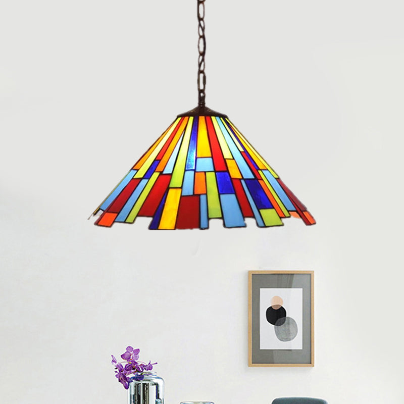 Stained Glass Cone Pendulum Light 8"/13" W- Brass Frame with Elegant Rectangle Pattern - 1 Bulb Suspended Lamp