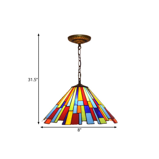 Stained Glass Cone Pendulum Light 8"/13" W- Brass Frame with Elegant Rectangle Pattern - 1 Bulb Suspended Lamp