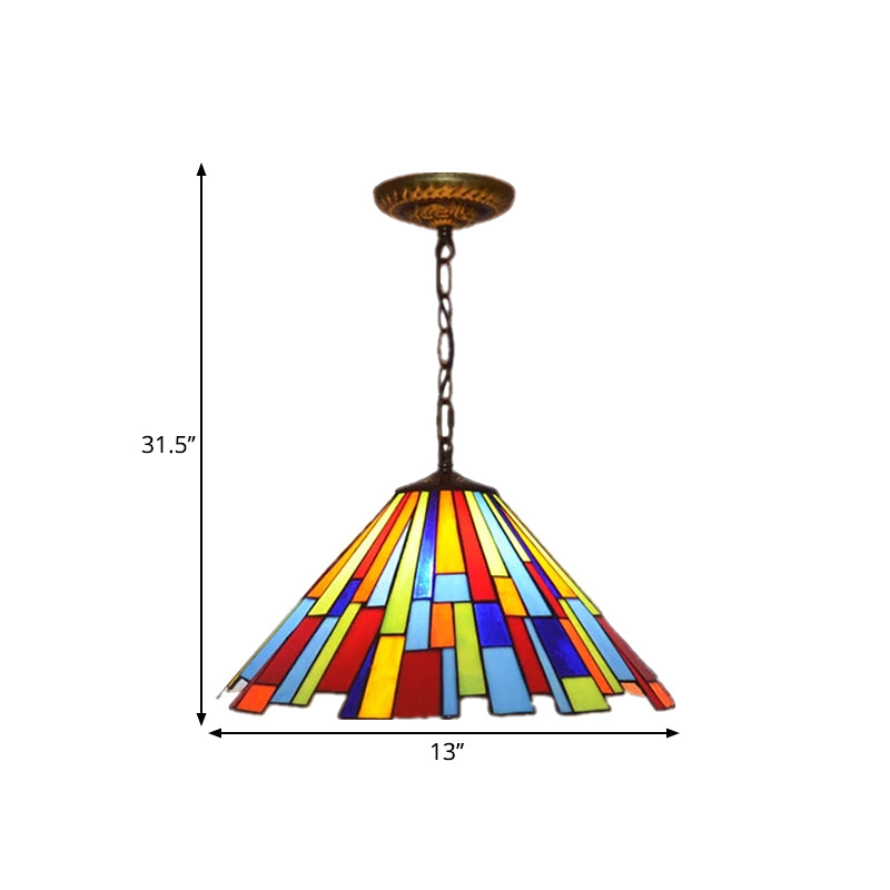 Stained Glass Cone Pendulum Light 8"/13" W- Brass Frame with Elegant Rectangle Pattern - 1 Bulb Suspended Lamp