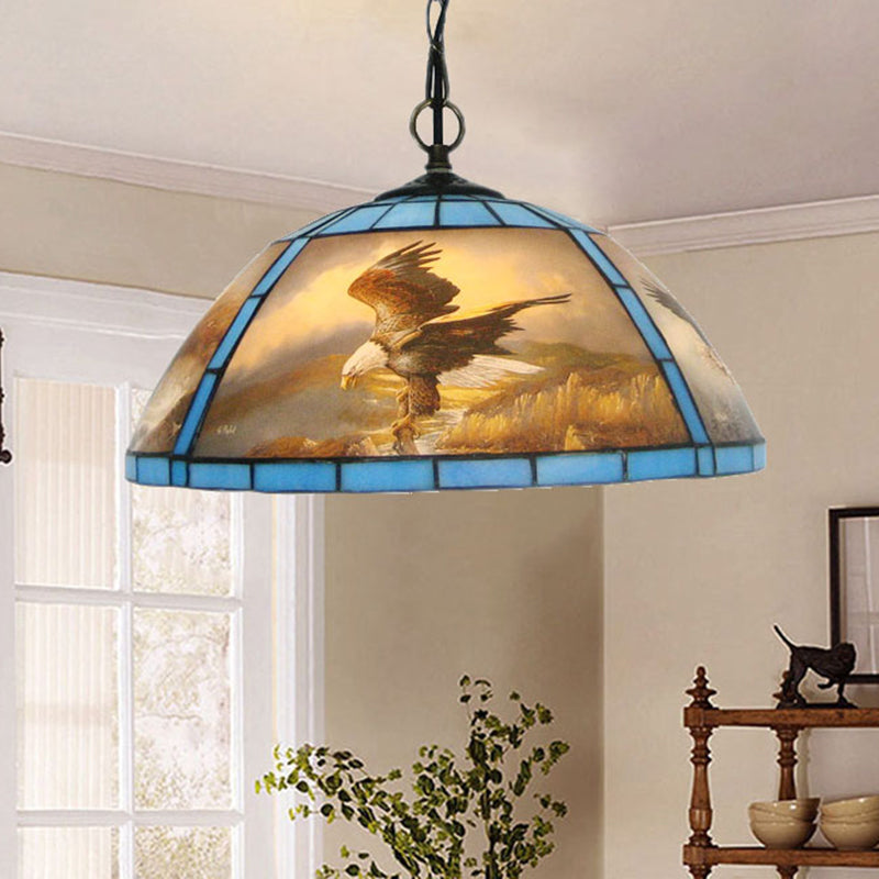 Victorian Eagle Pattern Cut Glass Hanging Pendant Lamp For Dining Room - Yellow/Blue Blue