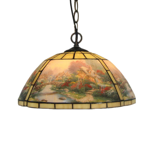 Victorian Eagle Pattern Cut Glass Hanging Pendant Lamp For Dining Room - Yellow/Blue