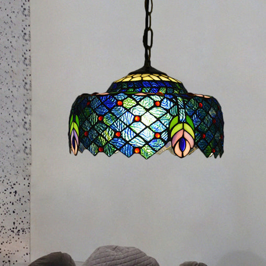 Hanging Lamp Kit: Blue/Green Drum Tiffany 1-Light With Peacock Tail Pattern Blue-Green