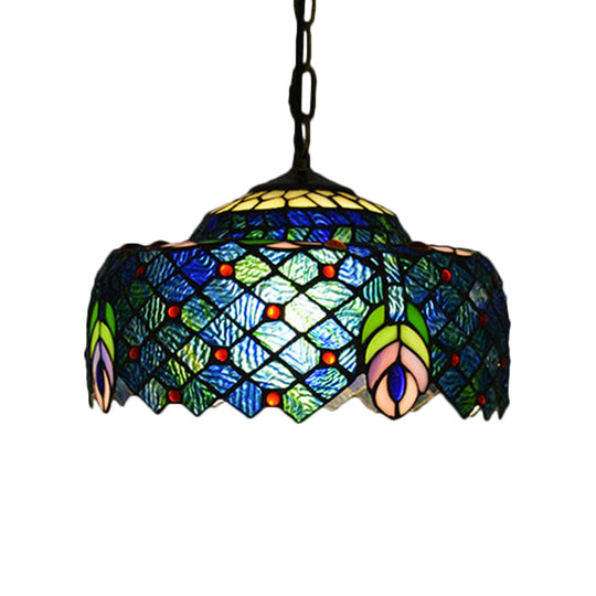 Blue and Green Tiffany Glass Drum Hanging Lamp - Hand Cut Peacock Tail Pattern - 1-Light Ceiling Light Kit