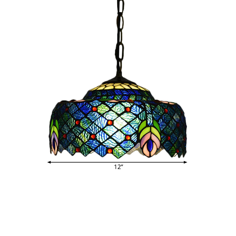 Blue and Green Tiffany Glass Drum Hanging Lamp - Hand Cut Peacock Tail Pattern - 1-Light Ceiling Light Kit