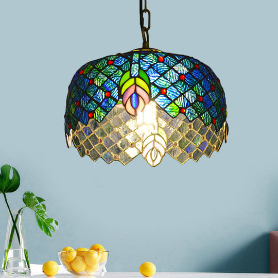 Mediterranean Blue Cut Glass Pendant Light Kit with Peacock Tail Design