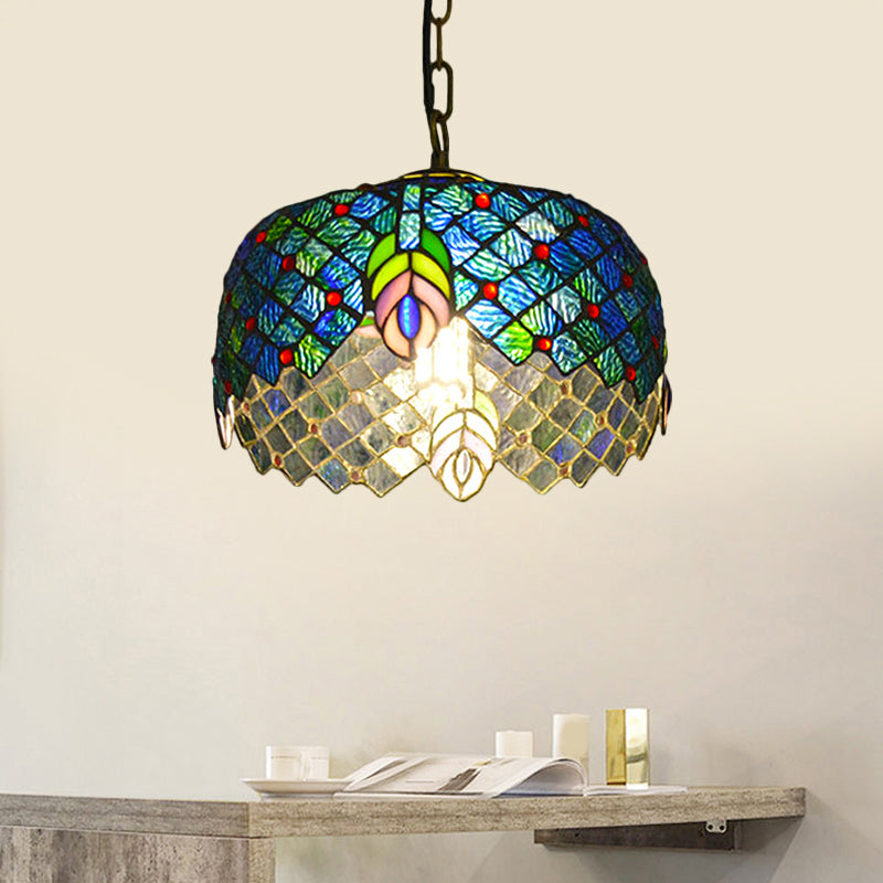 Mediterranean Blue Cut Glass Pendant Light Kit with Peacock Tail Design