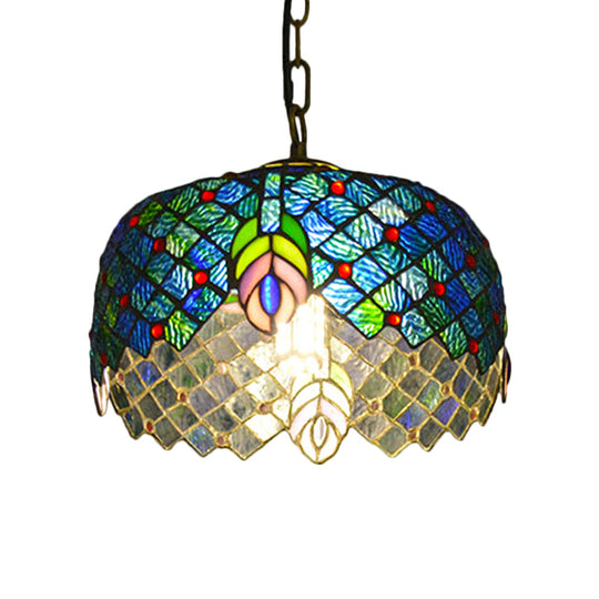 Mediterranean Blue Cut Glass Pendant Light Kit with Peacock Tail Design