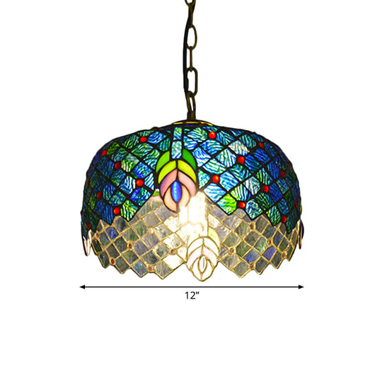 Mediterranean Blue Cut Glass Pendant Light Kit with Peacock Tail Design