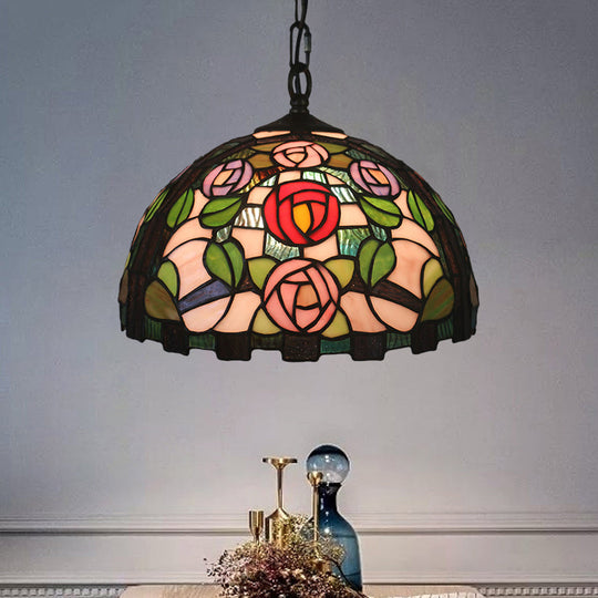 Stained Glass Rose Pattern Pendant Light with Dome Shade - Mediterranean Style