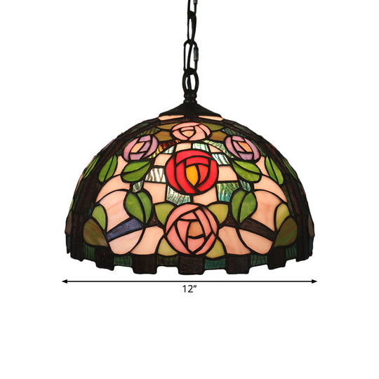 Stained Glass Rose Pattern Pendant Light With Green Bulb And Dome Shade - Mediterranean Style