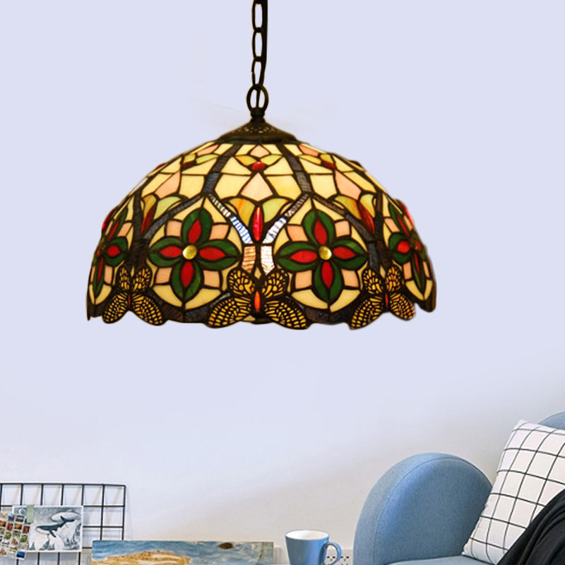 Green Stained Glass Pendant Light With Tiffany Bowl Design In Flower Pattern