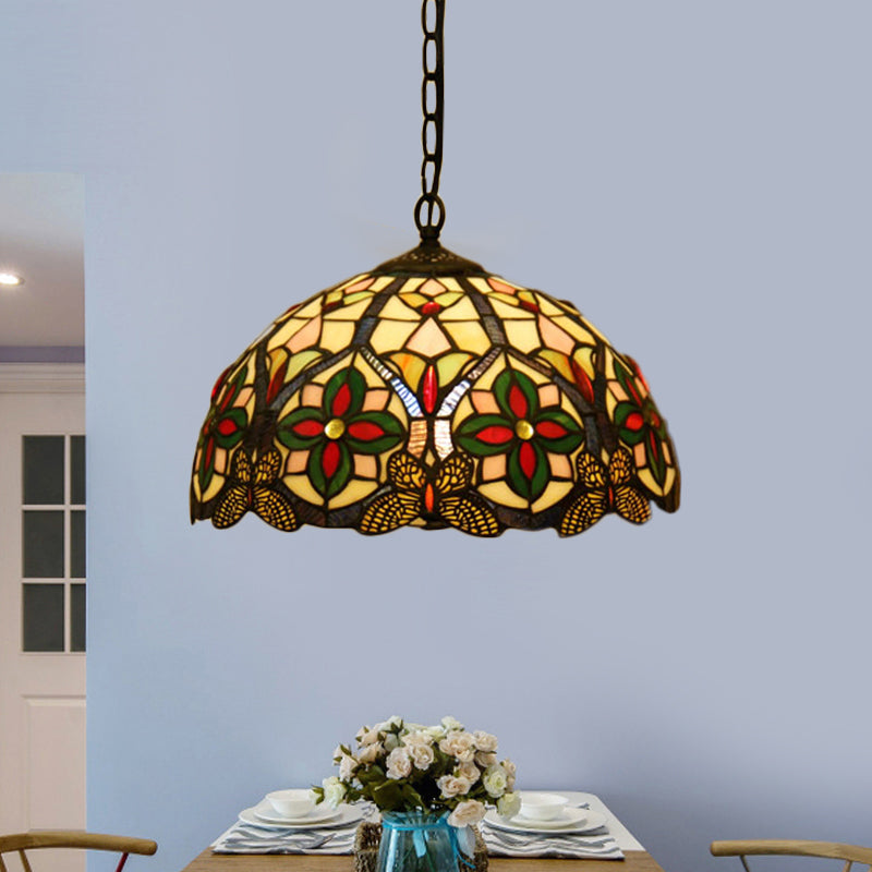 Green Stained Glass Pendant Light With Tiffany Bowl Design In Flower Pattern