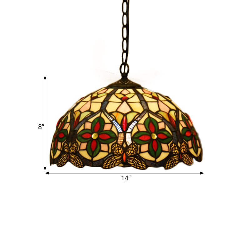 Green Stained Glass Pendant Light With Tiffany Bowl Design In Flower Pattern