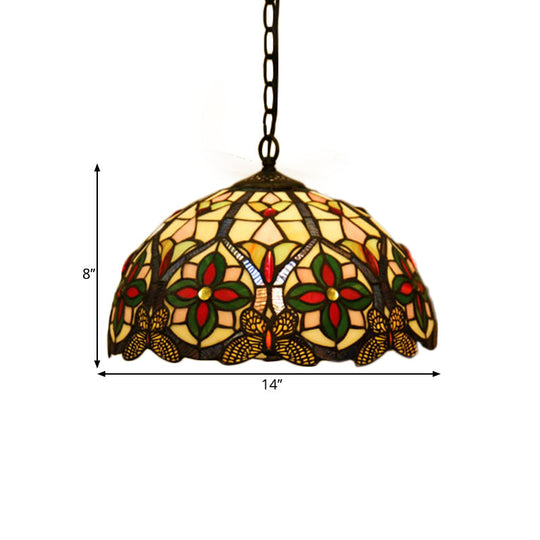 Green Stained Glass Pendant Light With Tiffany Bowl Design In Flower Pattern