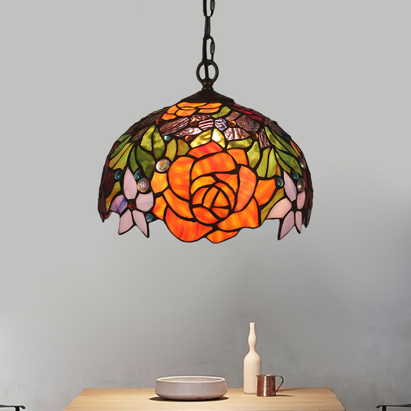 Victorian 1-Light Cut Glass Pendant Lamp - Dome Shade With Yellow Finish And Blossom Pattern