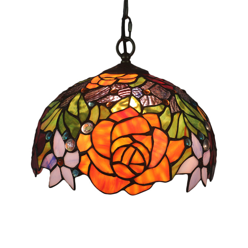 Victorian 1-Light Cut Glass Pendant Lamp - Dome Shade With Yellow Finish And Blossom Pattern