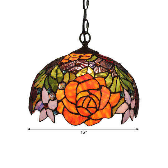 Victorian 1-Light Cut Glass Pendant Lamp - Dome Shade With Yellow Finish And Blossom Pattern