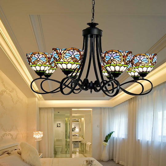 6-Light Stained Glass Bowl Pendant Chandelier in Black Finish with Adjustable Chain - Victorian Style