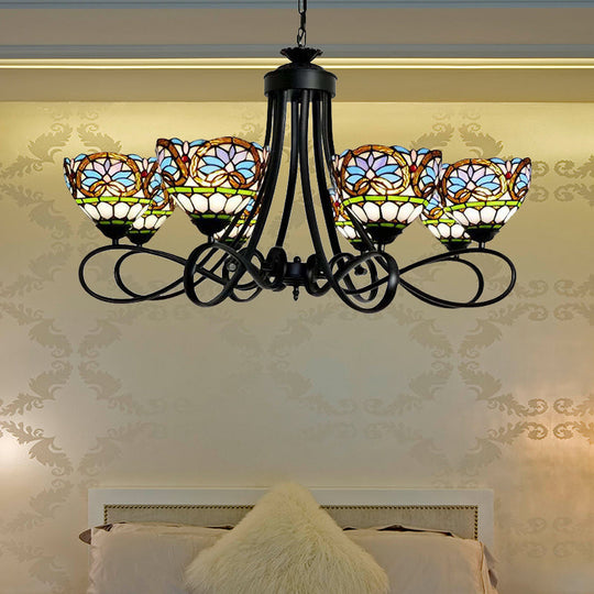 6-Light Stained Glass Bowl Pendant Lighting: Victorian Chandelier In Black Finish With Adjustable