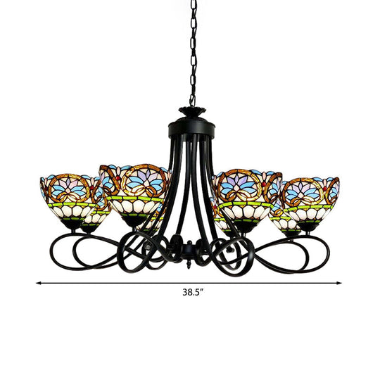 6-Light Stained Glass Bowl Pendant Chandelier in Black Finish with Adjustable Chain - Victorian Style