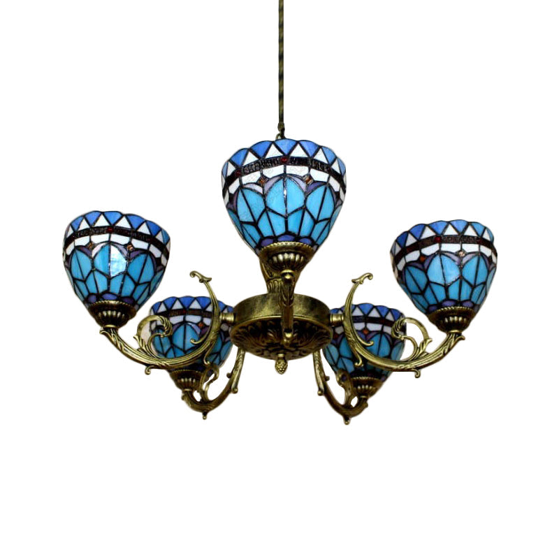 Blue Stained Glass Pendant Chandelier With 5 Heads