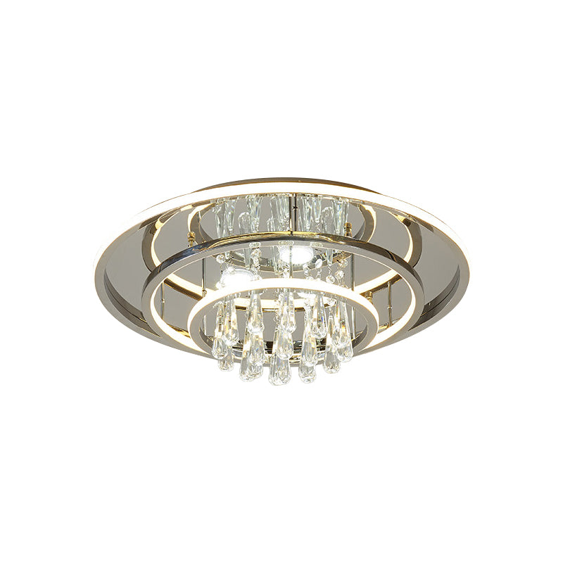 Modern Rings LED Semi Flush Ceiling Light with Crystal Strands - Chrome Finish