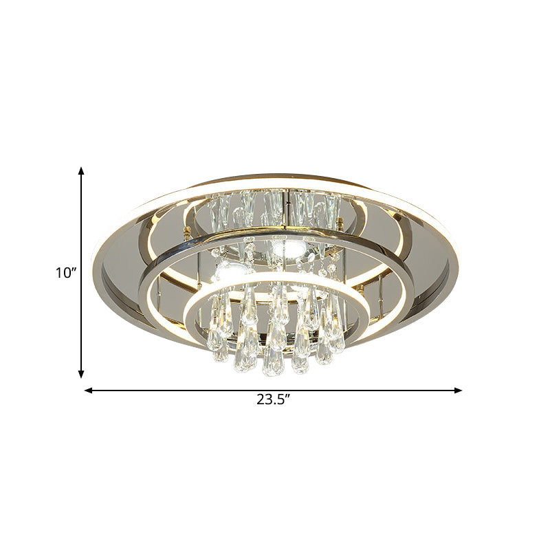 Modern Rings LED Semi Flush Ceiling Light with Crystal Strands - Chrome Finish