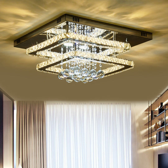 Chrome LED Crystal Ceiling Light with Dual Faceted Squares & Droplet