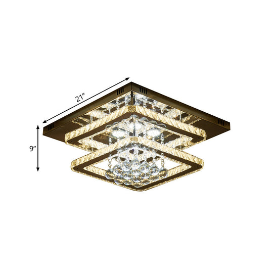 Chrome LED Crystal Ceiling Light with Dual Faceted Squares & Droplet