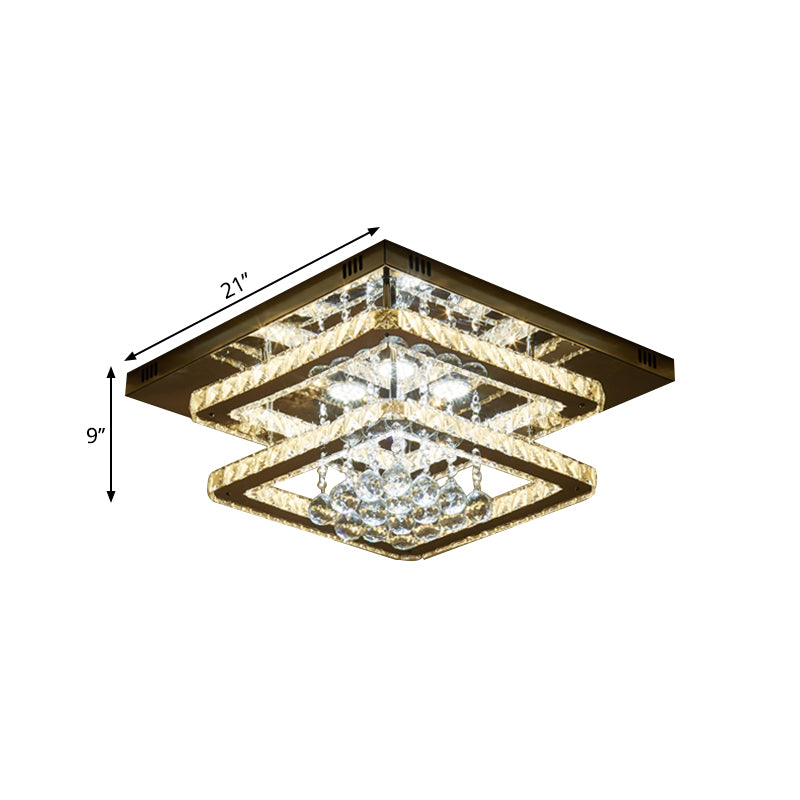 Chrome Led Crystal Ceiling Light With Dual Faceted Squares & Droplet