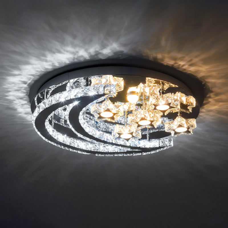 Modern LED Semi Flush Mount Ceiling Light - Chrome Finish with Crystal Crescent and Star Shades