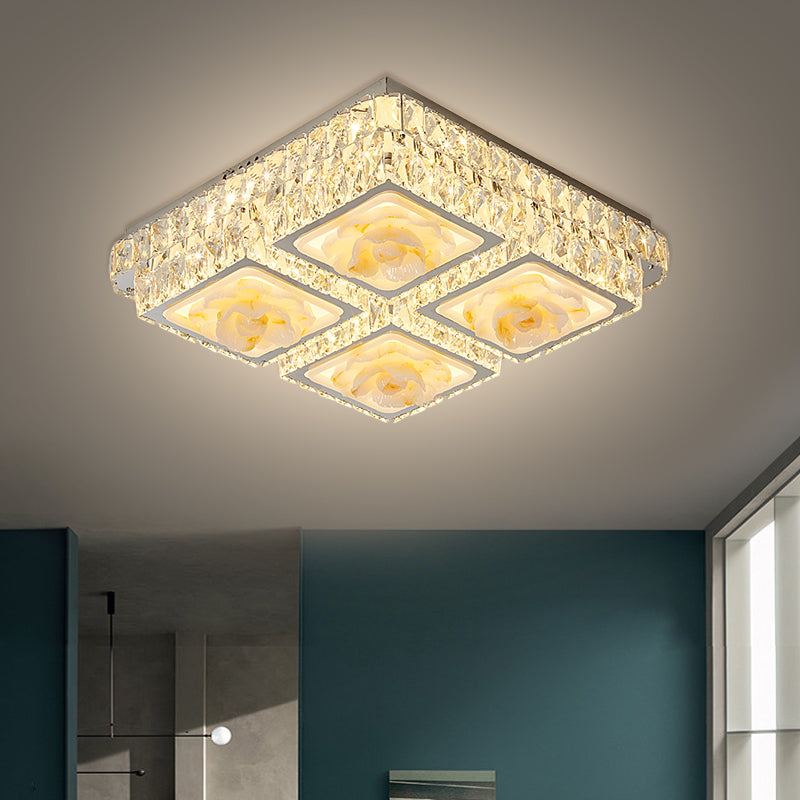 Here are a few options: 

1. "Minimalist LED Crystal Ceiling Light with Jade Lotus Design" 
2. "Chrome Flush Mount with Crystal Blocks & LED Square Lights" 
3. "Contemporary Crystal Flush Light with Jade Lotus Detail