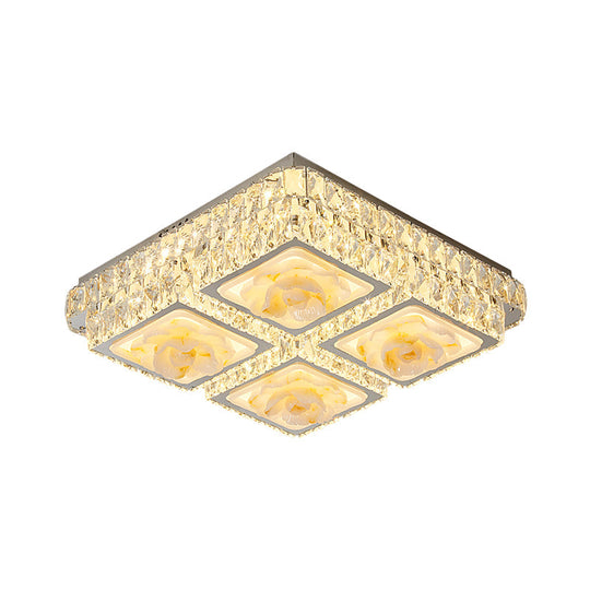 Here are a few options: 

1. "Minimalist LED Crystal Ceiling Light with Jade Lotus Design" 
2. "Chrome Flush Mount with Crystal Blocks & LED Square Lights" 
3. "Contemporary Crystal Flush Light with Jade Lotus Detail