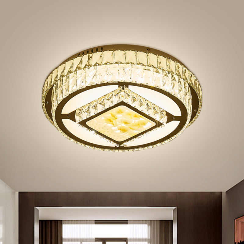 Modern Led Chrome Ceiling Fixture With Lotus Design: Crystal Block Circle Flush Mount