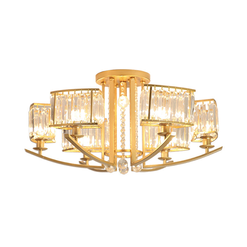 Modern Cuboid Semi Flush Chandelier With Clear Crystal 7 Heads Gold Ceiling Mounted Light