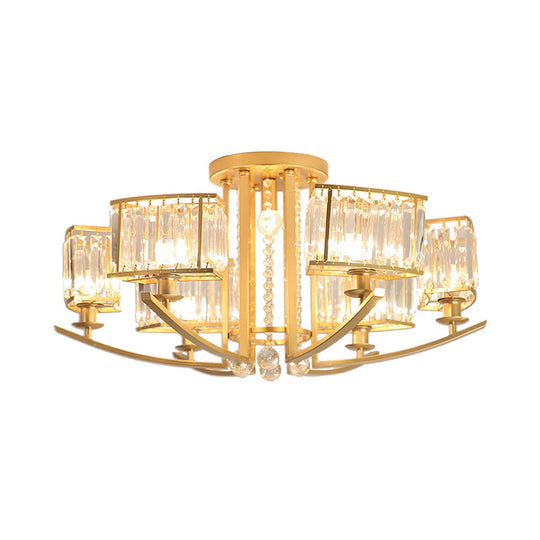 Modern Cuboid Semi Flush Chandelier With Clear Crystal 7 Heads Gold Ceiling Mounted Light