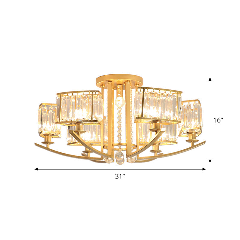 Modern Cuboid Semi Flush Chandelier With Clear Crystal 7 Heads Gold Ceiling Mounted Light