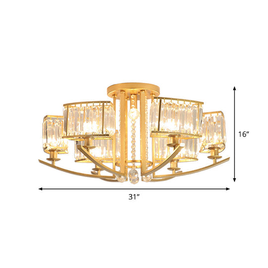 Modern Cuboid Semi Flush Chandelier With Clear Crystal 7 Heads Gold Ceiling Mounted Light