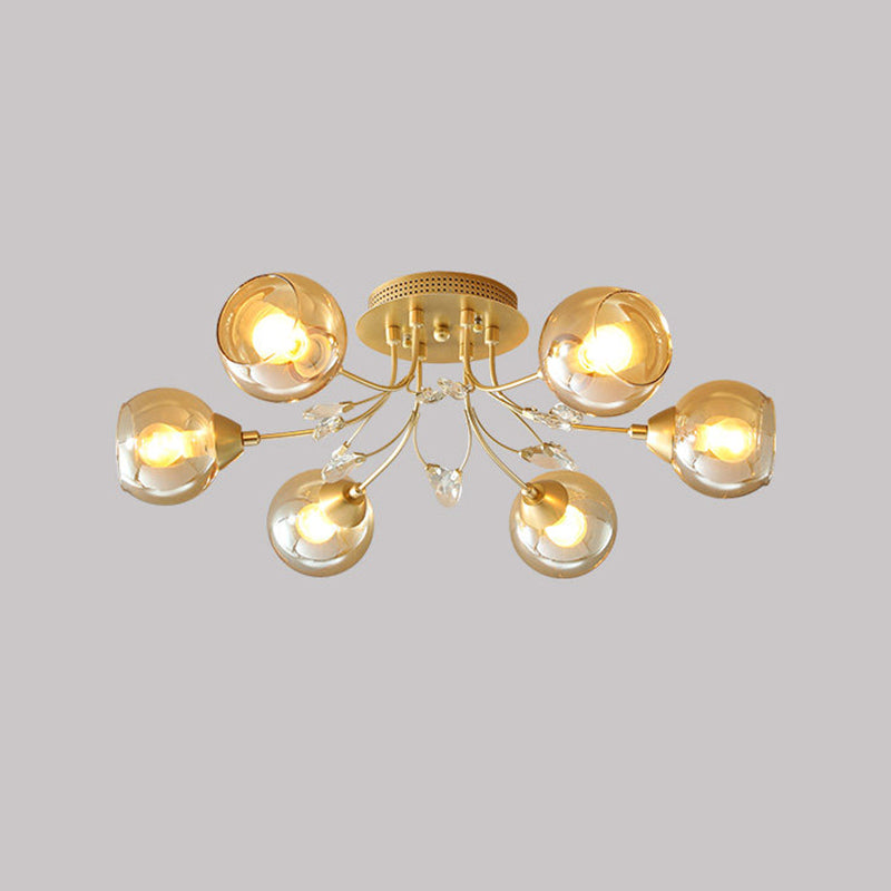 Modern Amber Glass Ball Ceiling Flush Mount Light With Teardrop Beveled Crystal Deco - 6 Bulbs Gold