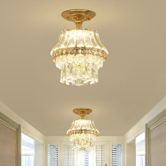 Gold Crystal Tiered Led Semi Flush Ceiling Mount Light Fixture - Contemporary Rectangle-Cut Design