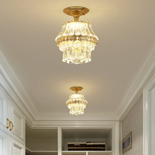 Gold Crystal Tiered Led Semi Flush Ceiling Mount Light Fixture - Contemporary Rectangle-Cut Design