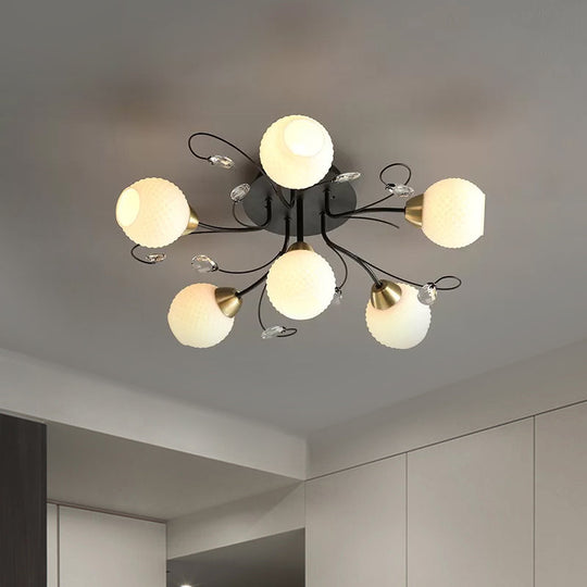 Modern Black Ceiling Light With Opal Glass Shade - 6 Head Semi-Flush Mount For Living Room